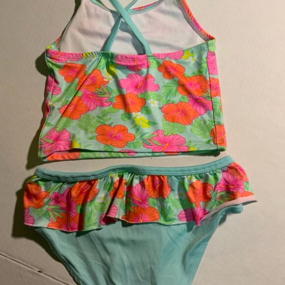 Bobbie Brooks Girls Medium 7/8 2 PC Tankini Teal Tropical Flowers Swimsuit (I) - Picture 5 of 6